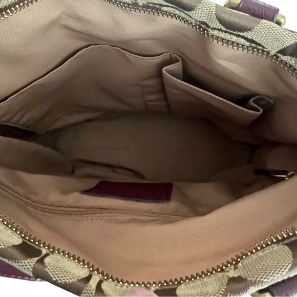 Coach Signature Stripe Khaki Brown Canvas Tote Bag Burgundy Leather Trim F28504 - Picture 5 of 11